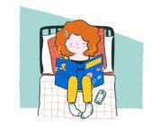 drawing of girl sitting on her bed reading