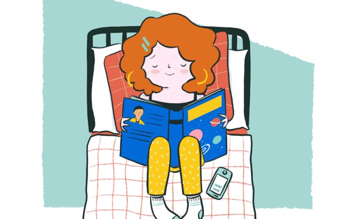 drawing of girl sitting on her bed reading