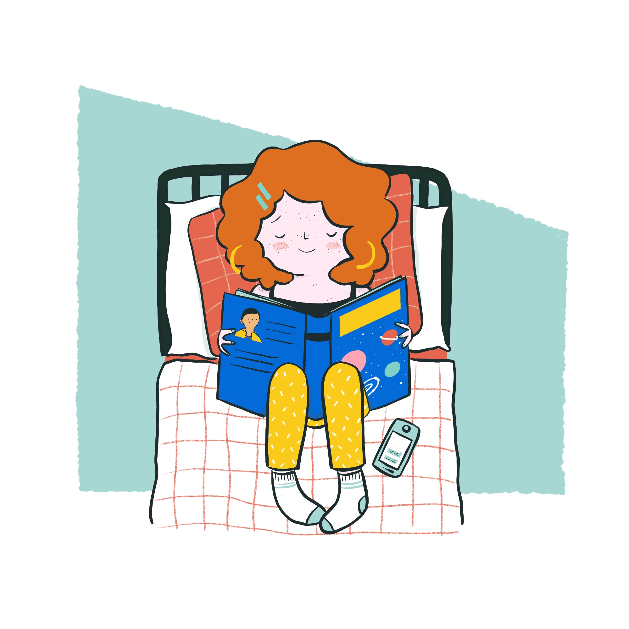drawing of girl sitting on her bed reading