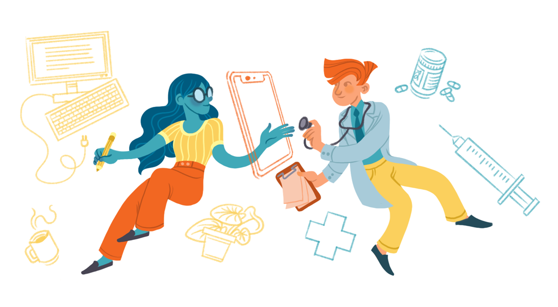 Two figures gravitate mid air. The figure on the right wears a lab coat and has a stethoscope around their neck with a clipboard in the other hand. The figure on the left gestures towards the stethoscope, and is holding a pencil. In the background is a computer, cup of coffee, a plant, tablet, syringe and a bottle of pills.