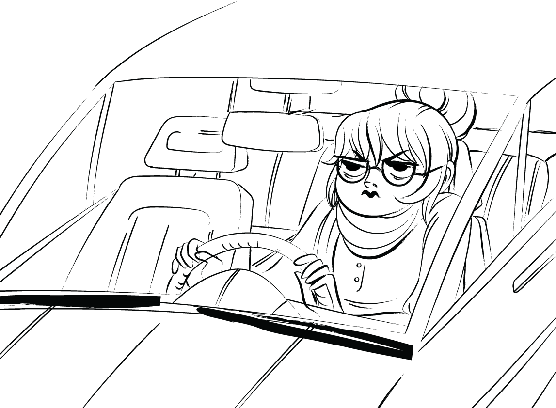 A line drawing of a female driving a car. Her hands are on the steering wheel and she as an impatient, serious look on her face. Here eyebrows are angled, she is almost frowning.