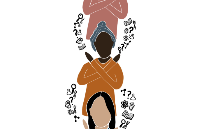 Three diverse women strike the #BreakTheBias pose; the women are stacked on top of one another so their crossed arms form a double helix. The remaining DNA strands are filled in with science-themed doodles
