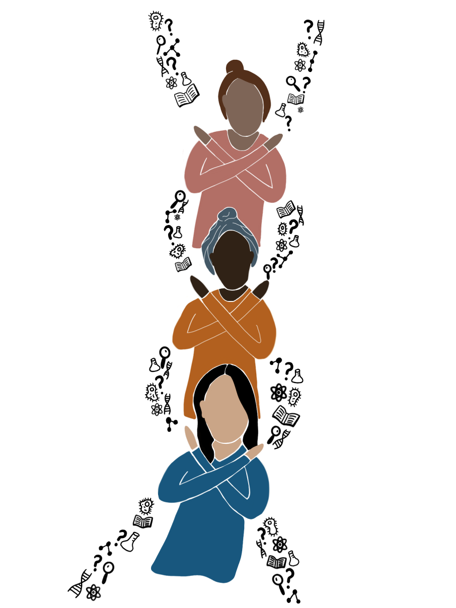 Three diverse women strike the #BreakTheBias pose; the women are stacked on top of one another so their crossed arms form a double helix. The remaining DNA strands are filled in with science-themed doodles
