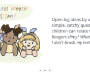 Screenshot from Writing About Science for Kids Course - 3 children laying on floor with engaged faces and "Are boogers slimy?" written above their heads