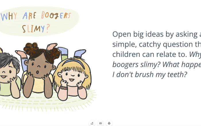 Screenshot from Writing About Science for Kids Course - 3 children laying on floor with engaged faces and "Are boogers slimy?" written above their heads