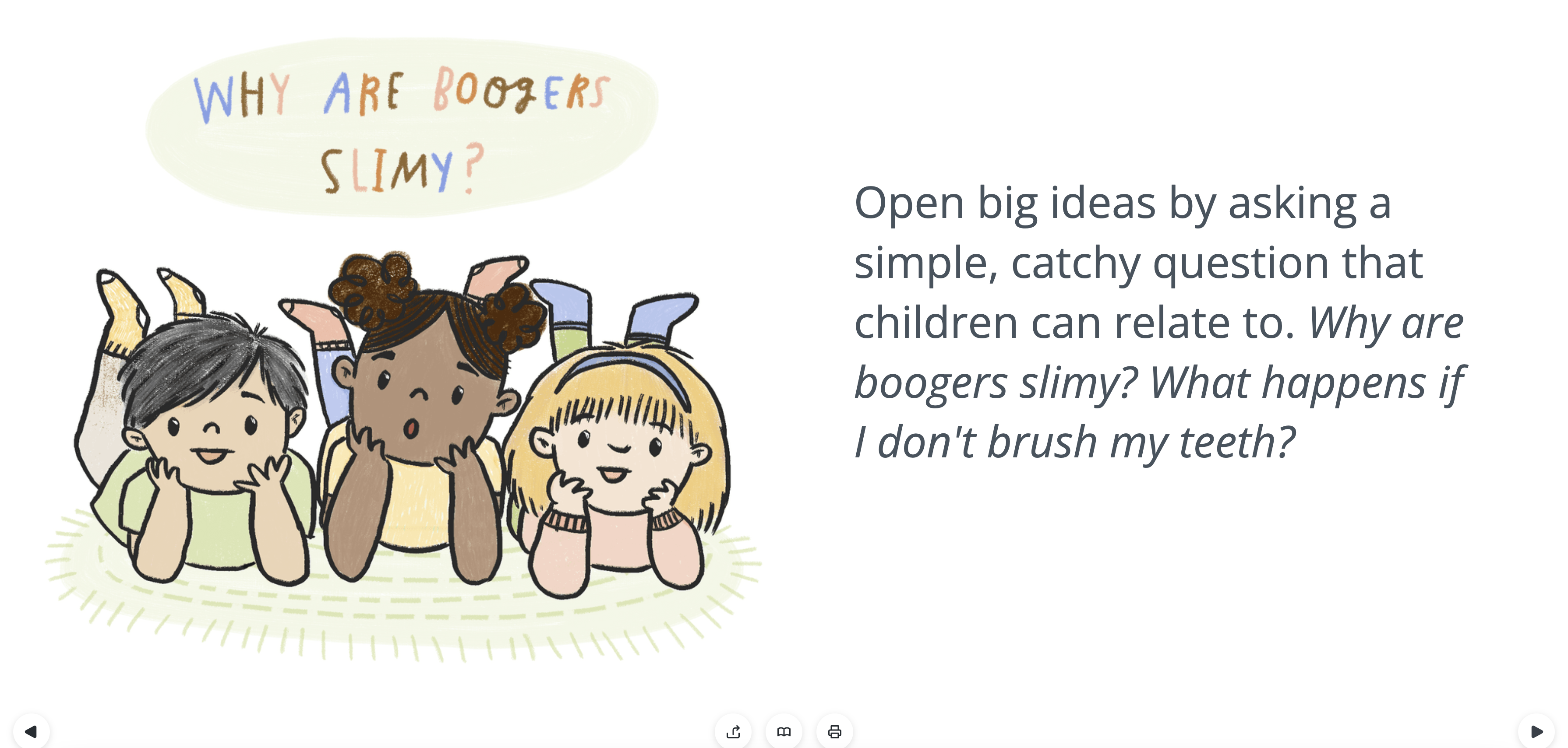 Screenshot from Writing About Science for Kids Course - 3 children laying on floor with engaged faces and "Are boogers slimy?" written above their heads