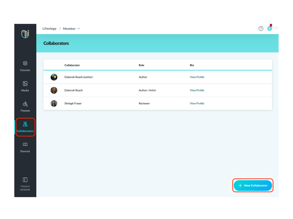 An image of the collaborators page. The various collaborators are listed in a table. The New Collaborator button is highlighted.