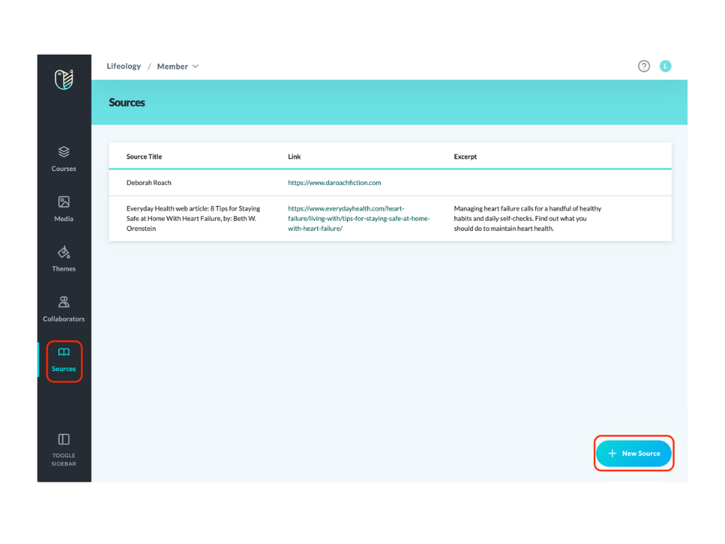 An image of the Sources main page. Here is information about stored sources that can be attached to your courses. The New Source button is highlighted.