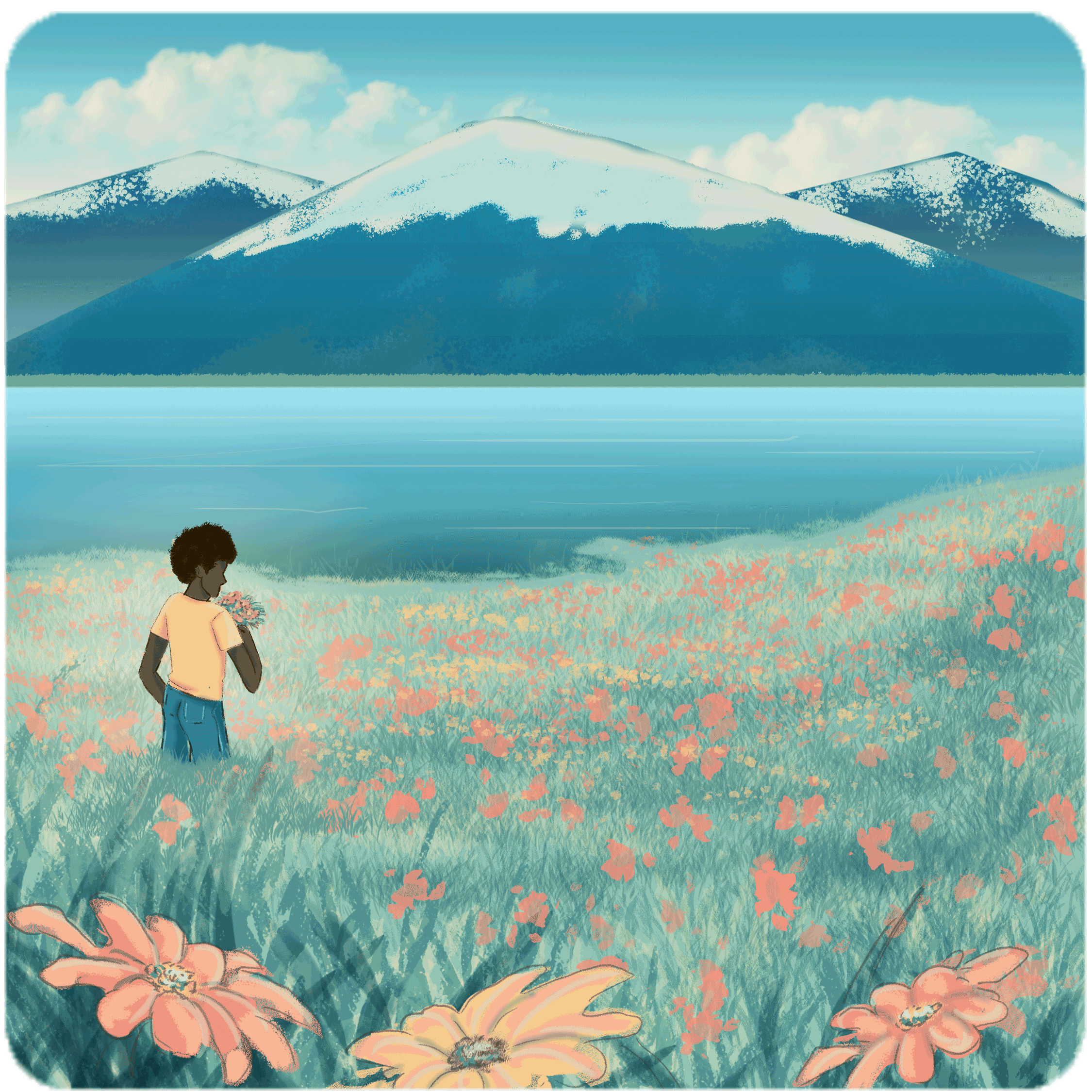 A male figure stands in a grassy area by a lake and a mountain range. The grassy area is scattered with wildflowers.