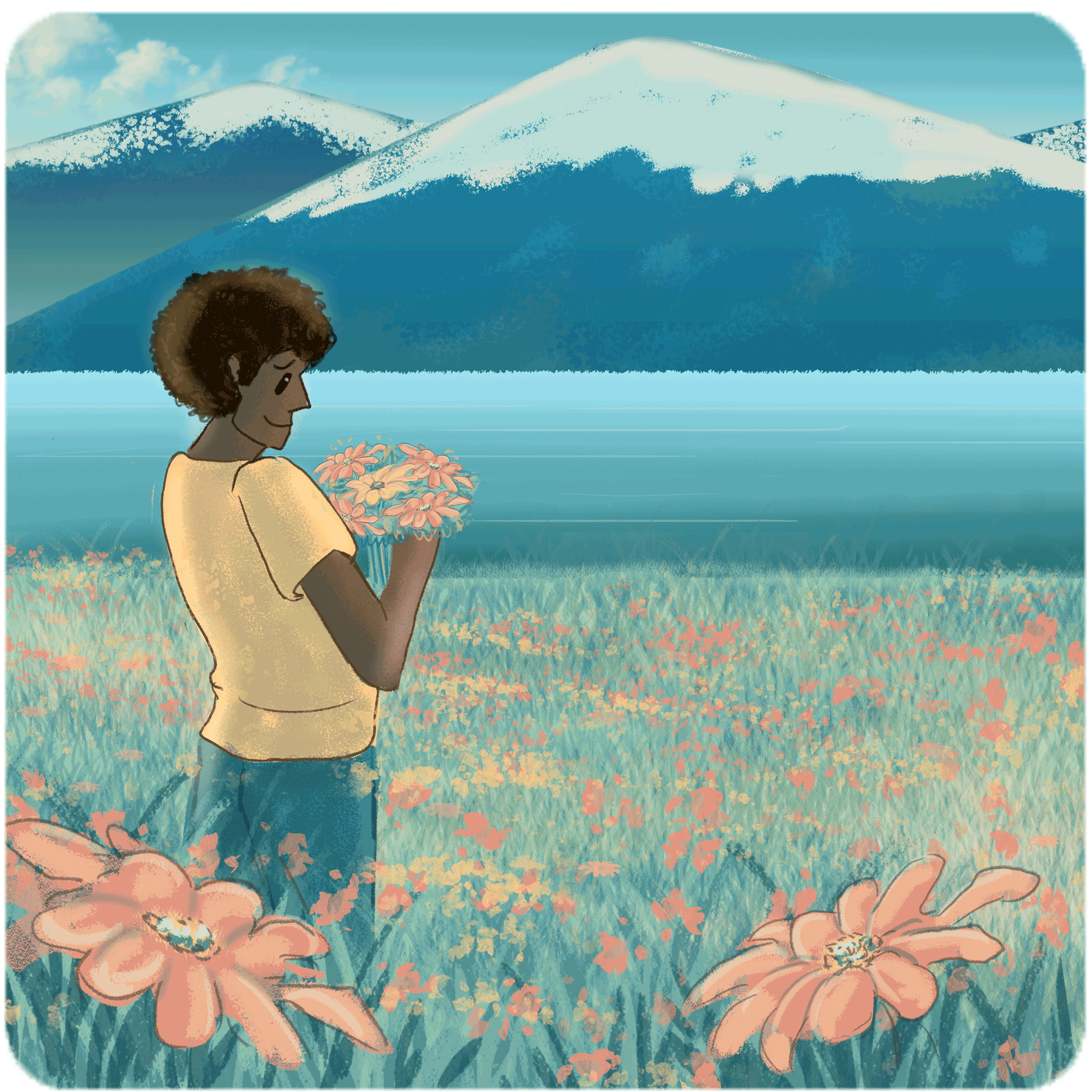 We zoom into a male figure standing in a grassy area by a lake and a mountain range. The grassy area is scattered with wildflowers. The male figure has a handful of flowers and is looking at them.