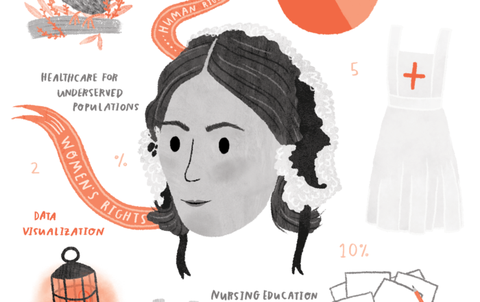 drawing of florence nightingale and icons and words that represent her