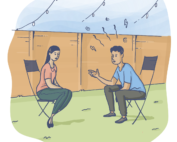 Correctional officer mental health course image - man chatting with woman outside at a party