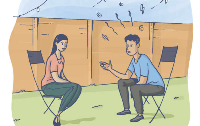 Correctional officer mental health course image - man chatting with woman outside at a party