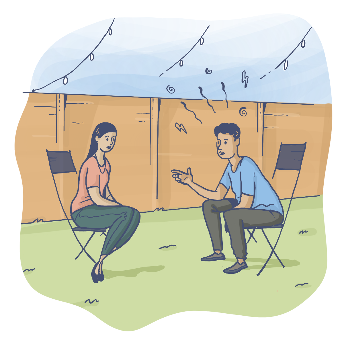 Correctional officer mental health course image - man chatting with woman outside at a party