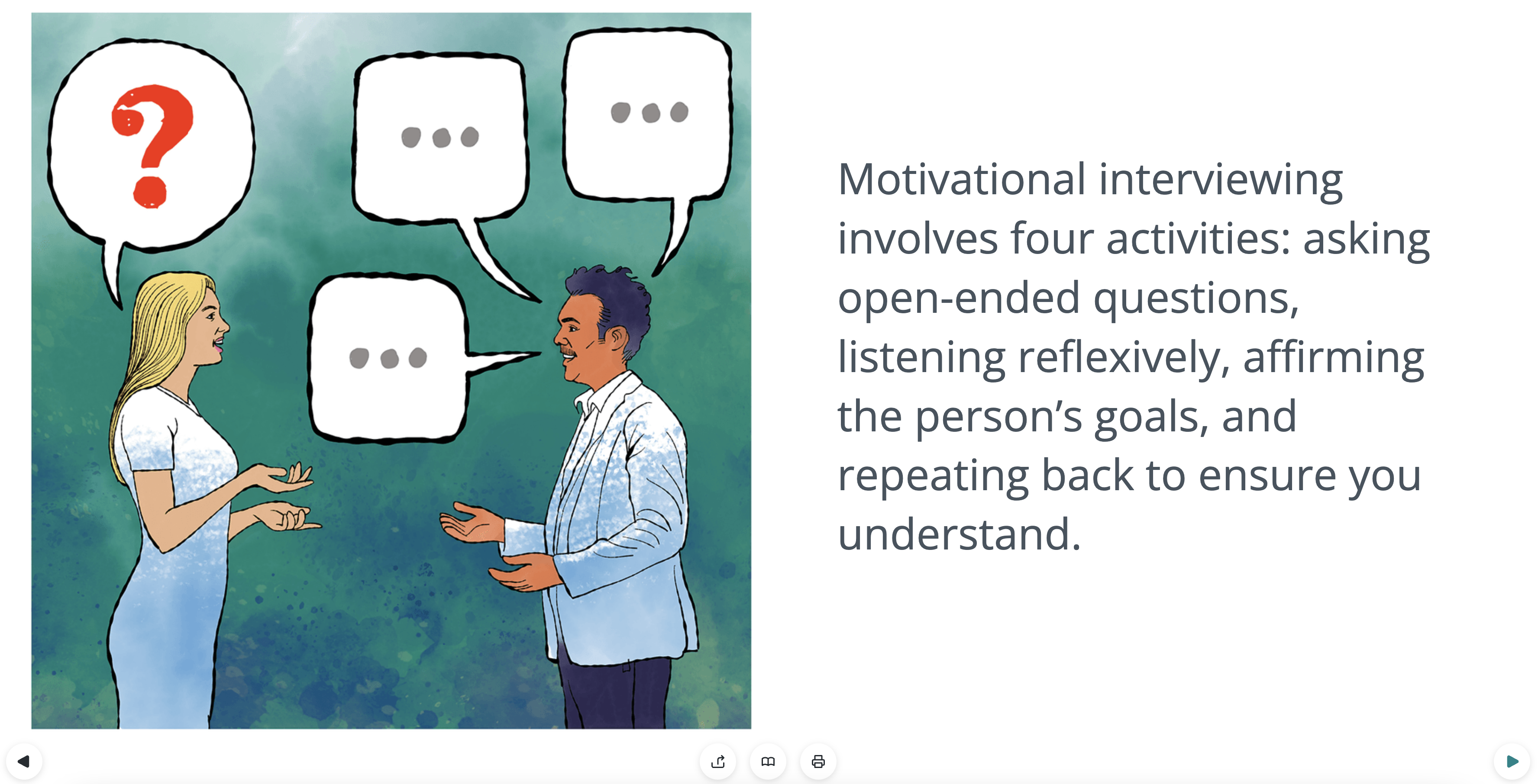 Screenshot from "What is Motivated Reasoning?" - two people disucssing with thought bubbles between them, depicting motivational interviewing