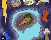 5% of incoming information hits conscious brain - image of brain with a carrot in it surrounded by lots of other items not inside brain