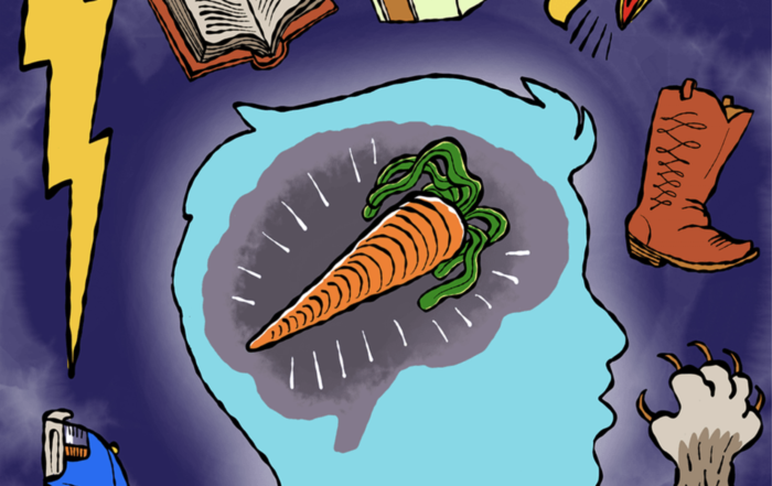 5% of incoming information hits conscious brain - image of brain with a carrot in it surrounded by lots of other items not inside brain