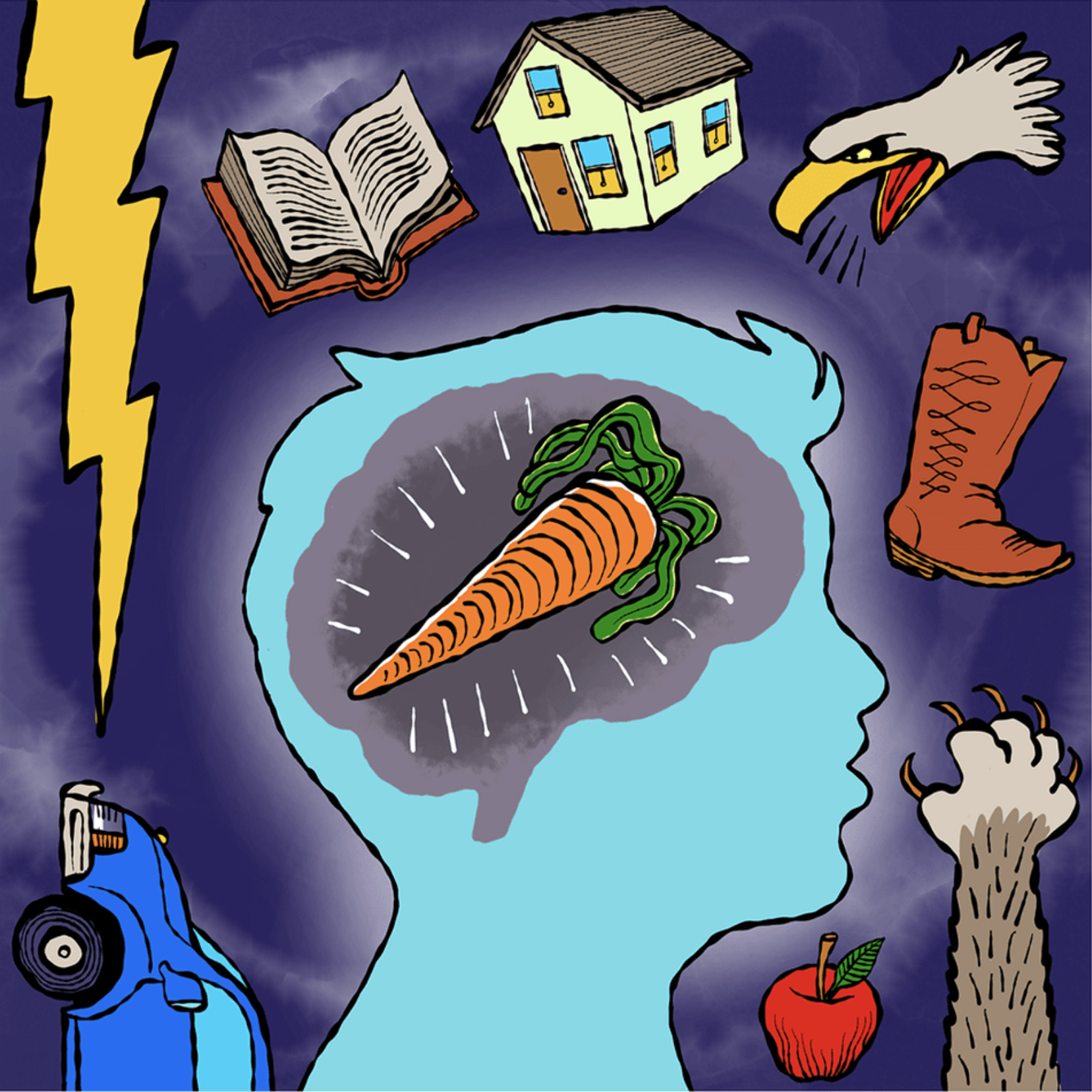 5% of incoming information hits conscious brain - image of brain with a carrot in it surrounded by lots of other items not inside brain