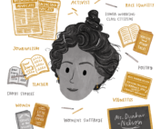 drawing of alice-dunbar-nelson and icons that represent her interests and accomplishments
