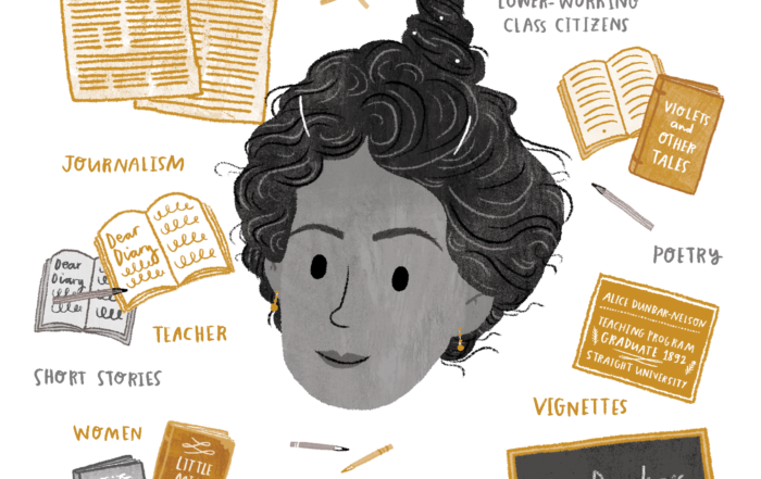 drawing of alice-dunbar-nelson and icons that represent her interests and accomplishments