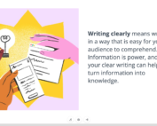 one hand holding light bulb to trade with two other hands holding paper - Writing clearly means writing in a way that is easy for your audience to comprehend. Information is power, and your clear writing can help turn information into knowledge.