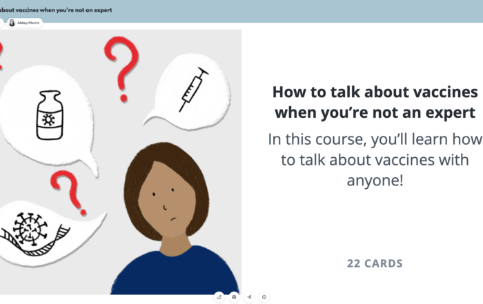 A screenshot of the first card of the how to talk about vaccines when you are not an expert course - drawing of woman with syringes and question marks around her head