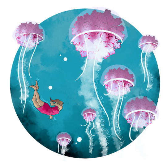 A girl swims under the ocean. She is surrounded by large jellyfish structures. The structures represent the HPV virus, and the girl is swimming to avoid the virus.