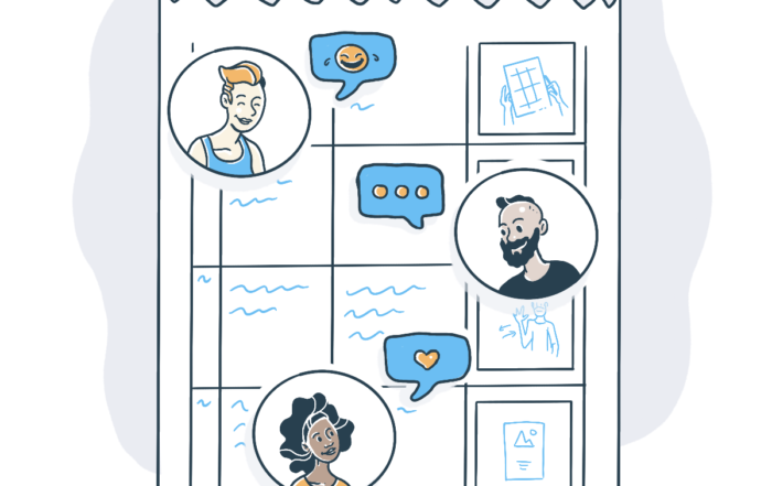 drawing of a storyboard document with drawings of three people, indicating their collaboration in the doc