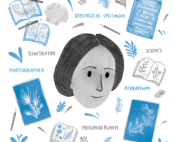 sketch of anna atkins with cyanotype photography and various words and icons around her