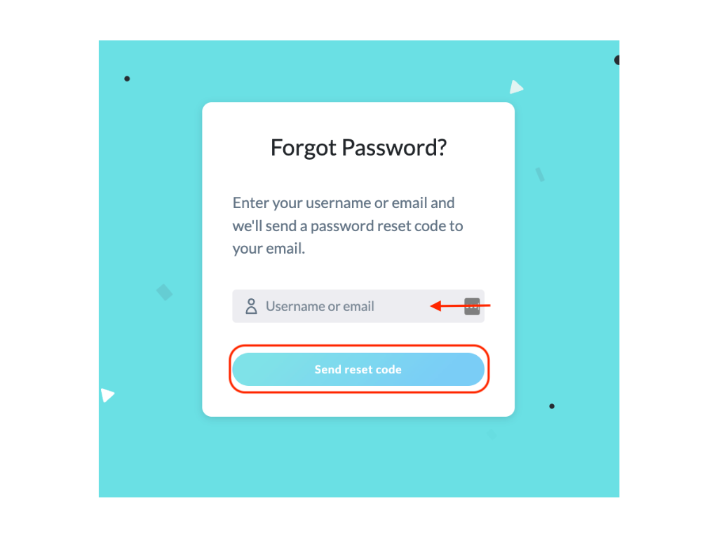An image of the forgot password send code page. On this page, you enter your email or username and click the Send Reset Code button.