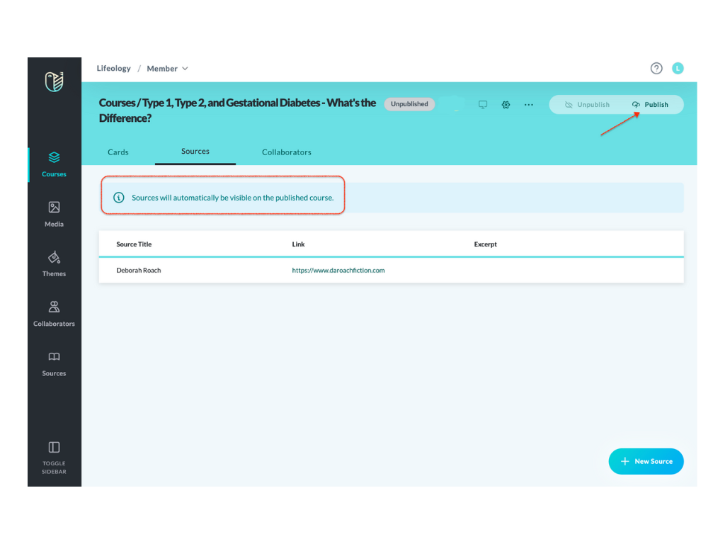 An image of the Sources tab within a course. This is where sources are attached from the source library to your course.