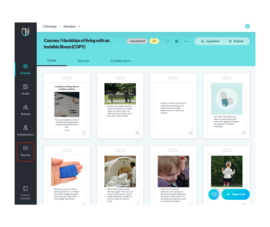 An image of the Cards page. each card in the course is displayed. There are three tabs along the blue header: cards, sources, collaborators.