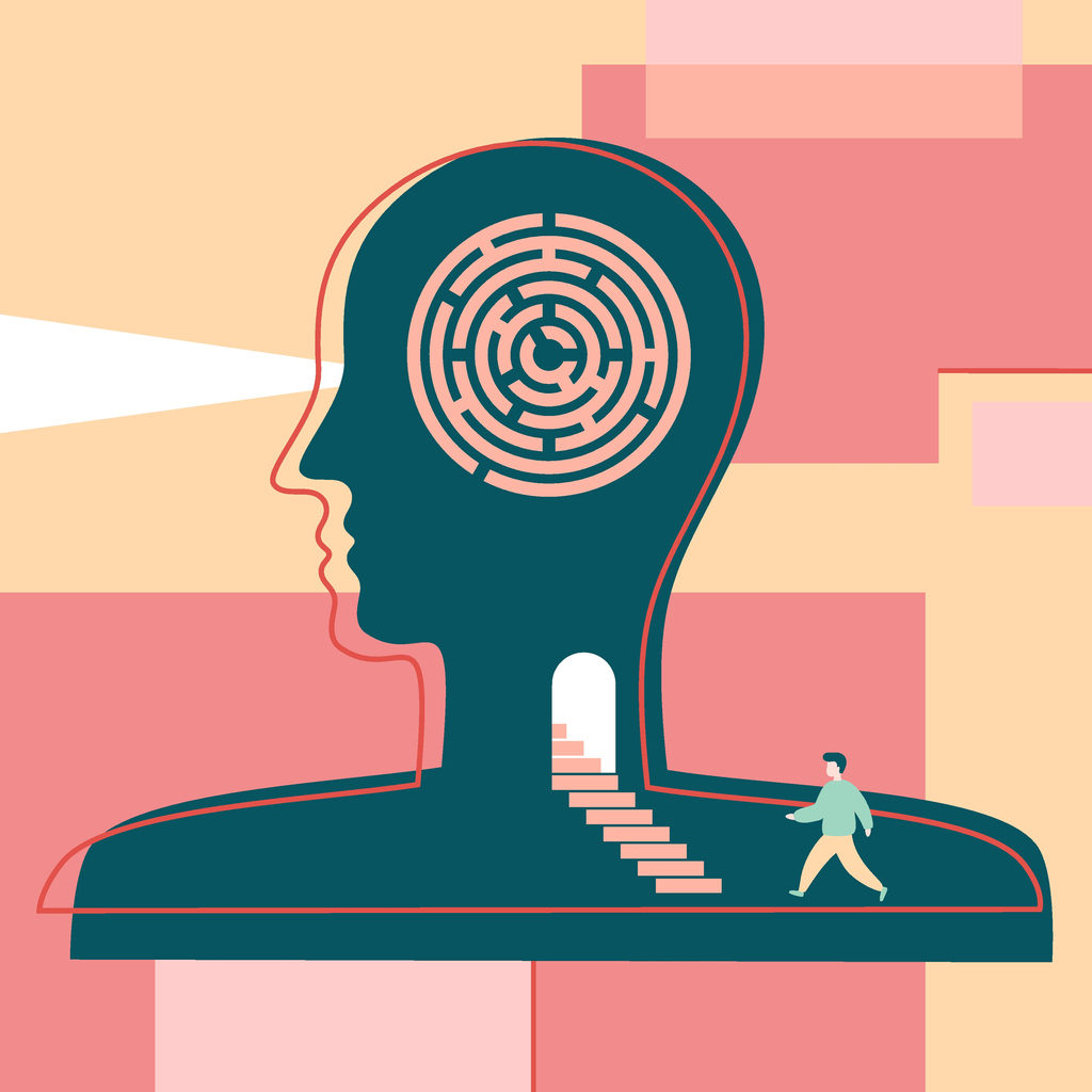 Huge human head with maze and entrance with stairs and abstract background. Tiny man on the way of understanding and knowing himself. Psychotherapy, psychological aid, self care, self-knowledge, mental health concept.