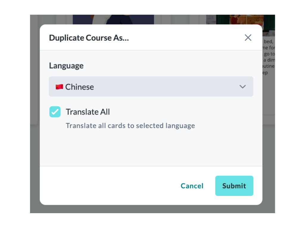 An image of Duplicate Course As... with chinese selected as the new language and Translate All cards checkbox checked.